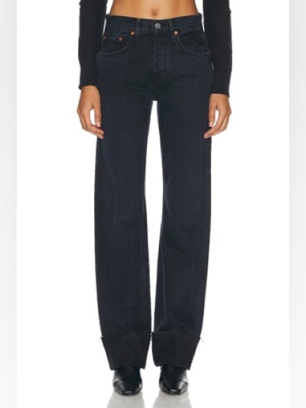 RE/DONE High Rise Loose Long Jeans 28 Blacken Blue NWT Wide Leg ButtonFly Cuffed